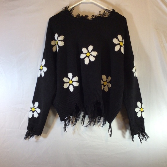 Rue 21 Large Black Daisy Distressed Sweater Grunge Y2K Indie Ripped Hem Crop Top - Picture 2 of 7